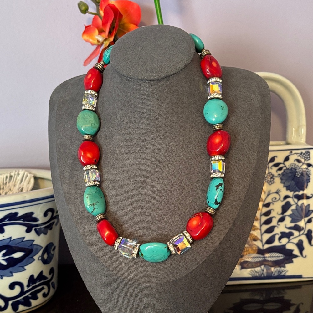 Gorgeous Vintage Red Coral and Turquoise Necklace